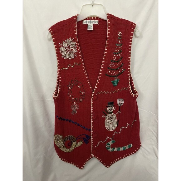 Vintage 90s Christmas Knit Vest Medium Kitschy Beaded Grandma Retro Whimsical - Picture 1 of 7